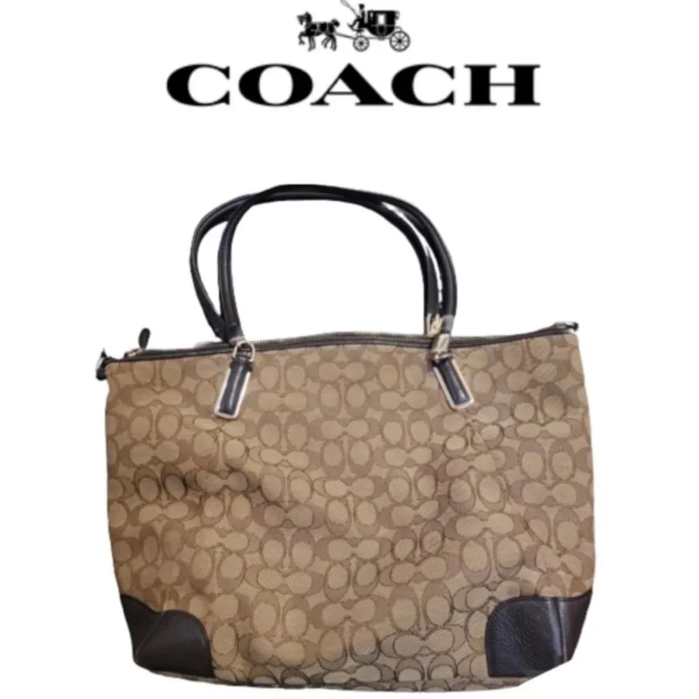 SOLD Coach Shoulder Bag Brown and Tan Signature Leather and Canvas Monogram - Picture 1 of 12